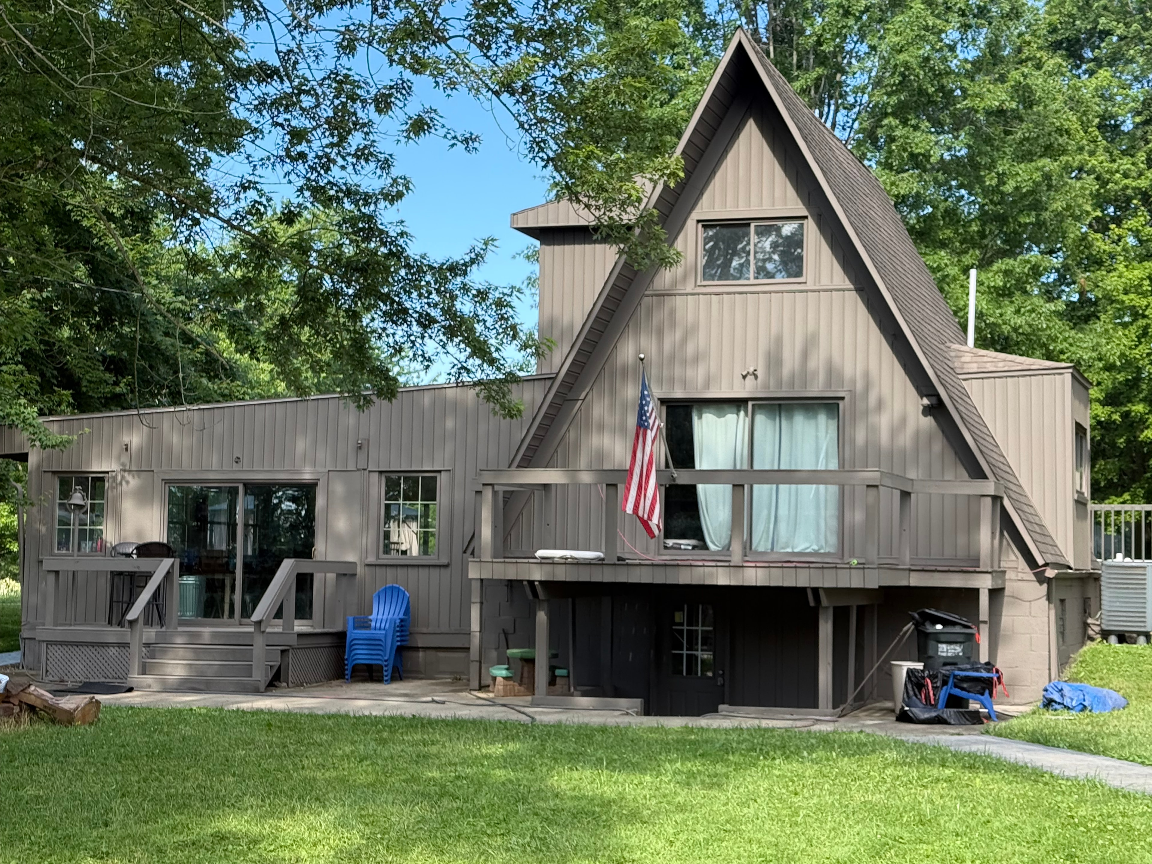 After A-frame exterior house painting in Akron Ohio — Akron painter completed taupe brown A-frame siding repaint, Akron painters exterior painting results Akron Ohio