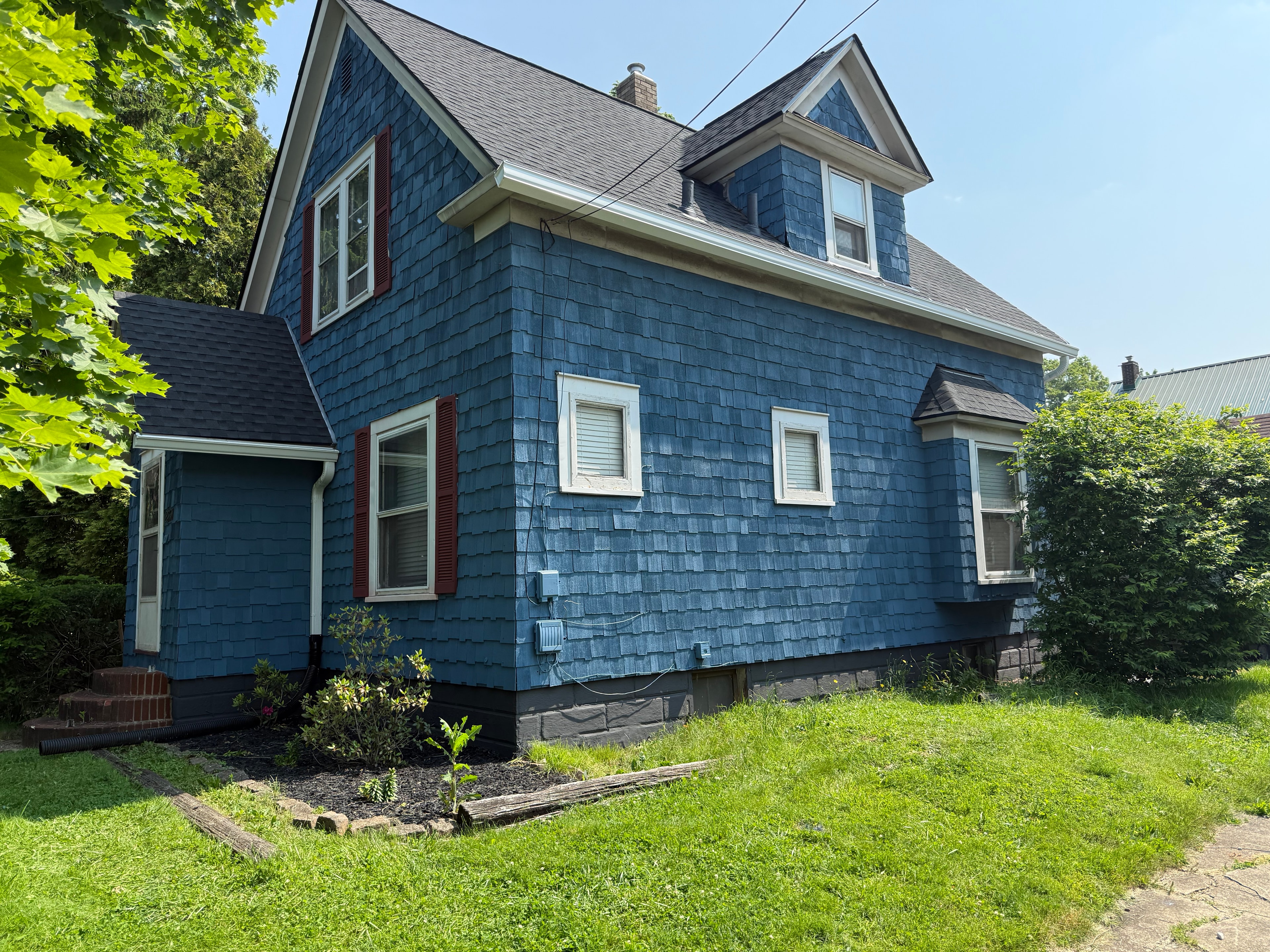 After exterior house painting on East Avenue Akron Ohio — Akron painter completed blue siding, Akron painters exterior results