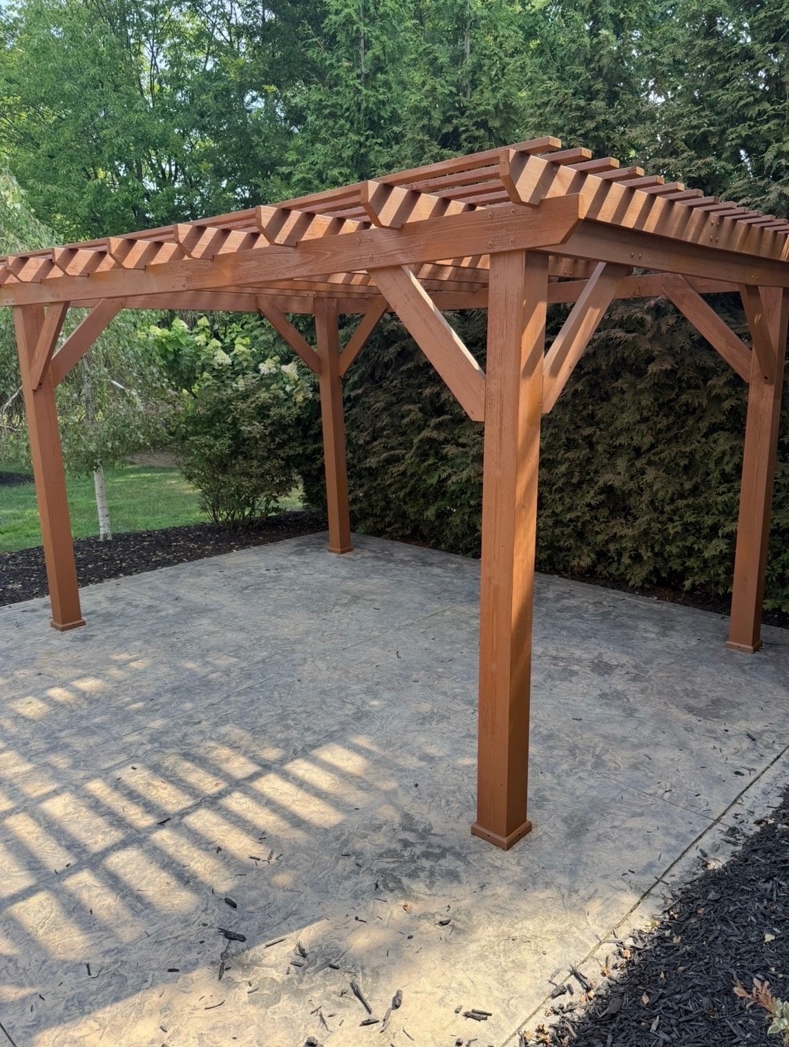 After pergola staining in Akron Ohio — beautifully stained cedar pergola completed by Akron painter, Akron painters exterior wood staining results Akron Ohio