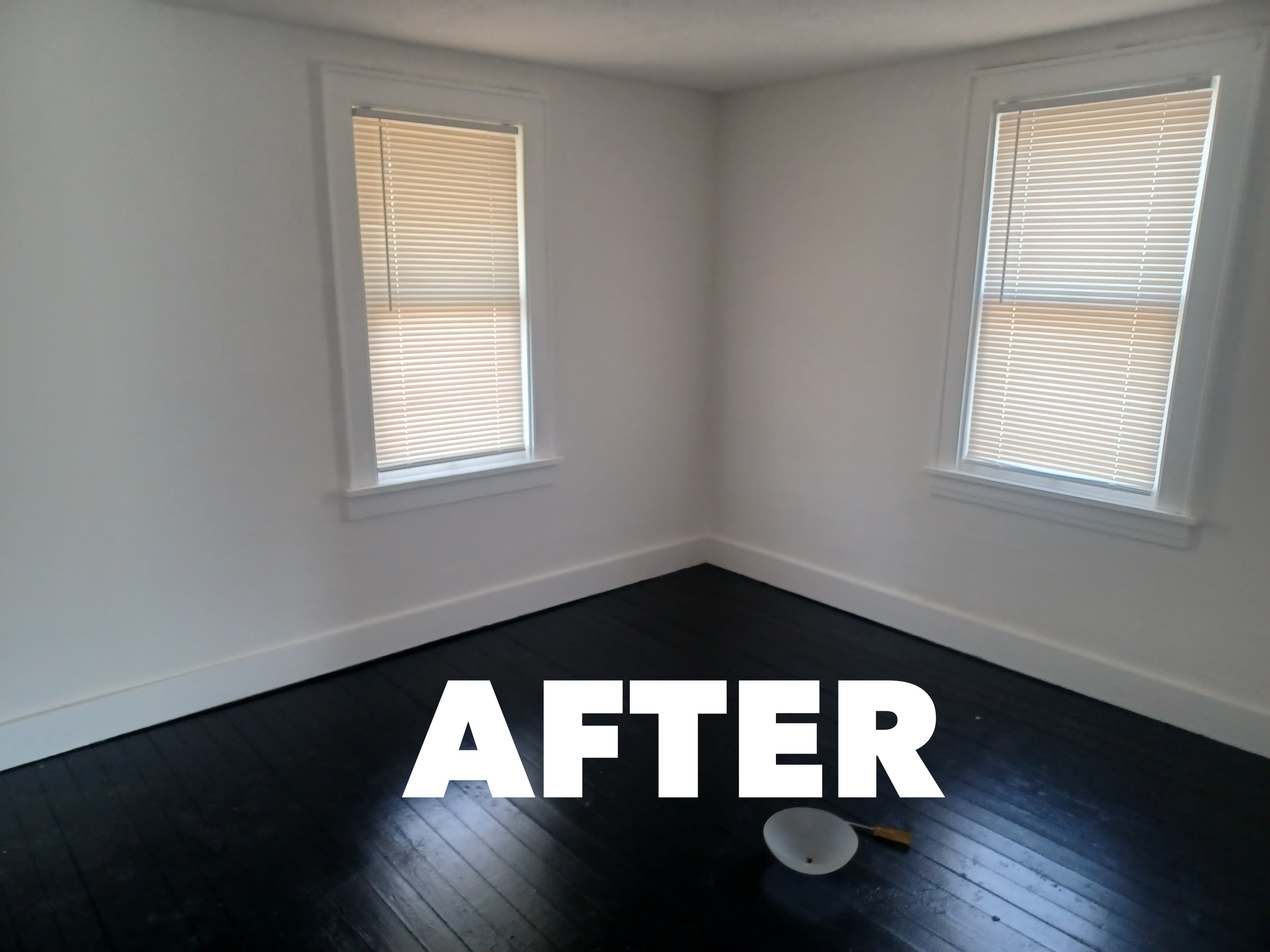 After rehab bedroom painting in Akron Ohio — Akron painter completed full interior repaint with fresh white walls and trim after pet damage repair, Akron painters interior rehab results Akron Ohio