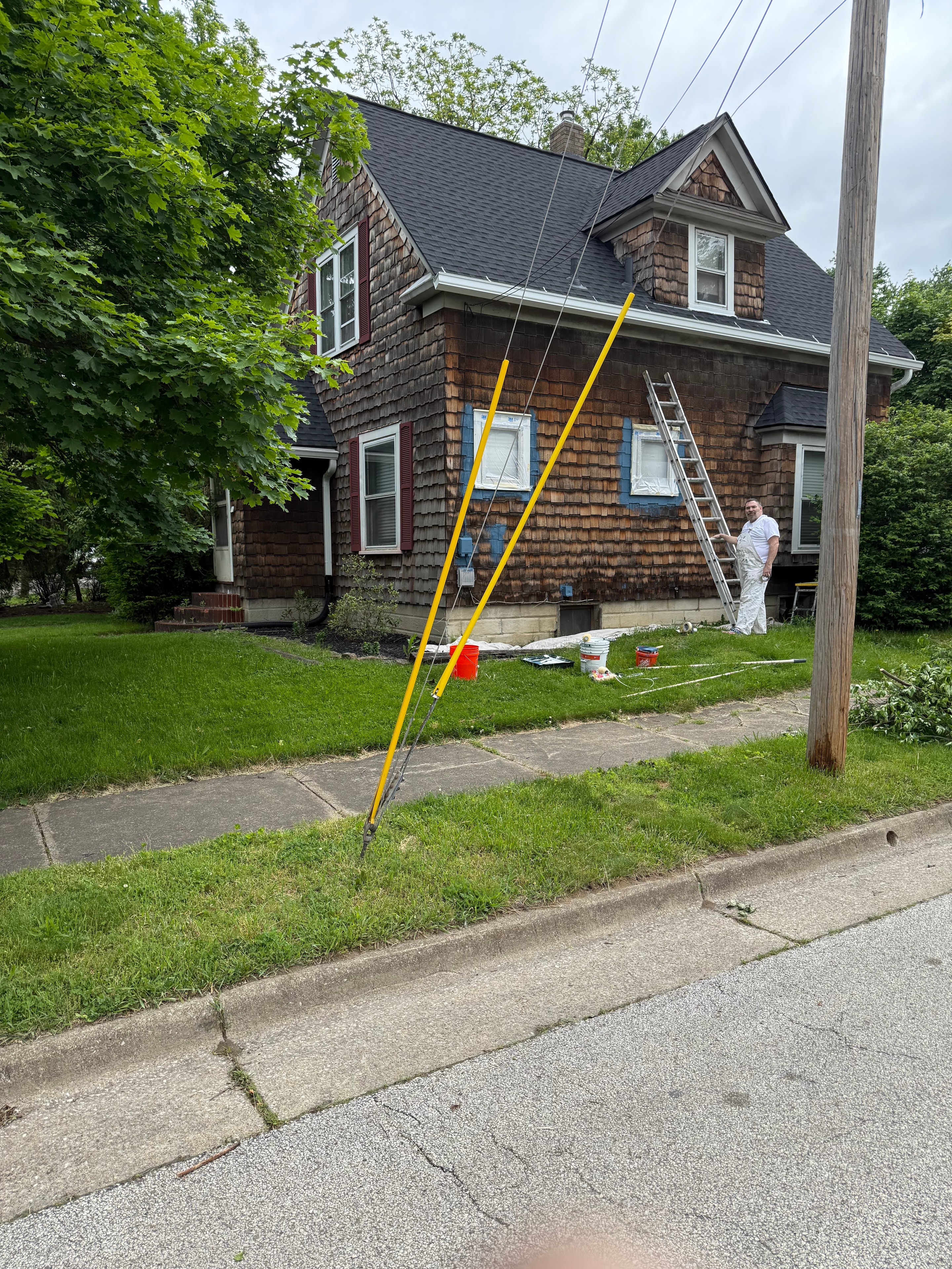 Before exterior house painting on East Avenue Akron Ohio — Akron painter prepping home exterior, Akron painters residential project