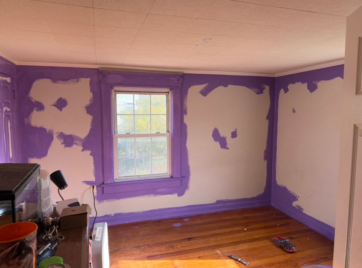 Before interior bedroom painting in Akron Ohio — Akron painter prepping bedroom walls, Akron painters interior project