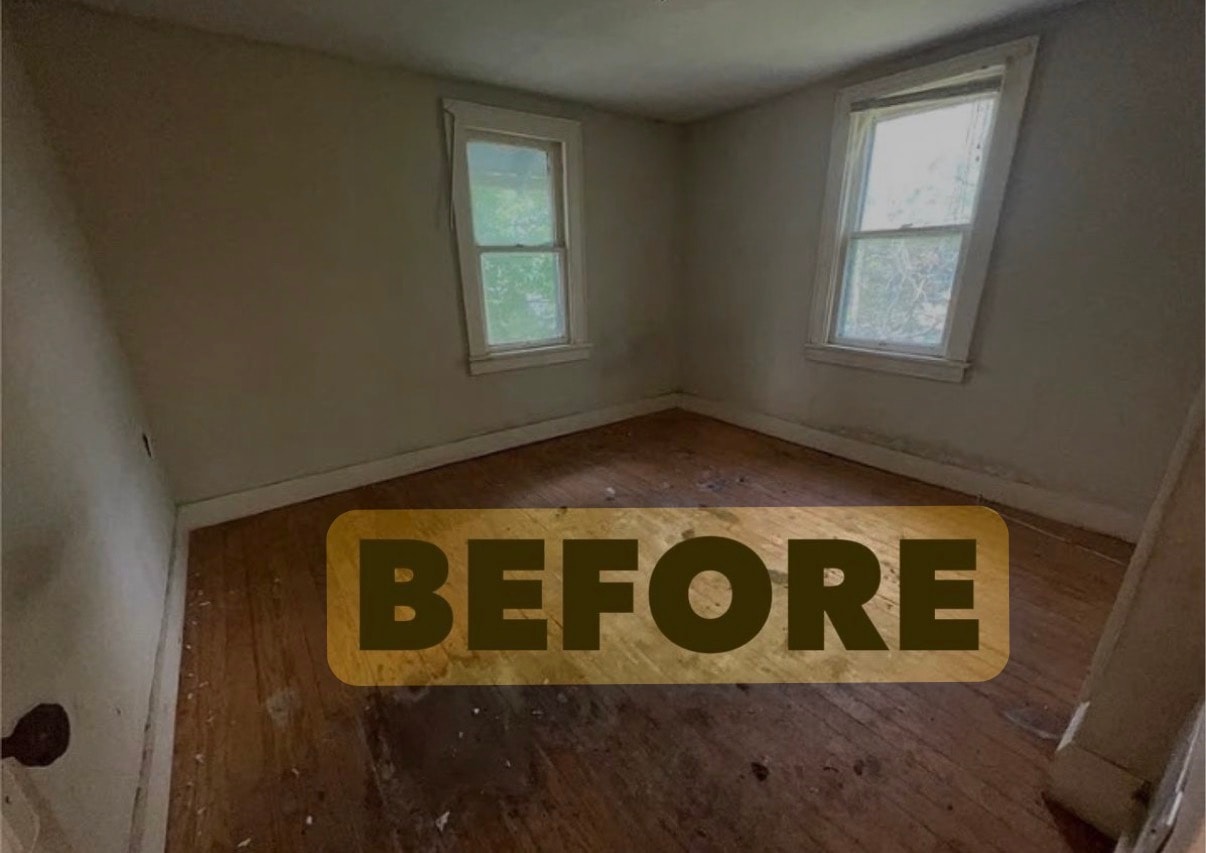 Before rehab bedroom painting in Akron Ohio — Akron painter prepping damaged bedroom with pet damage and deteriorated walls, Akron painters interior rehab painting project before