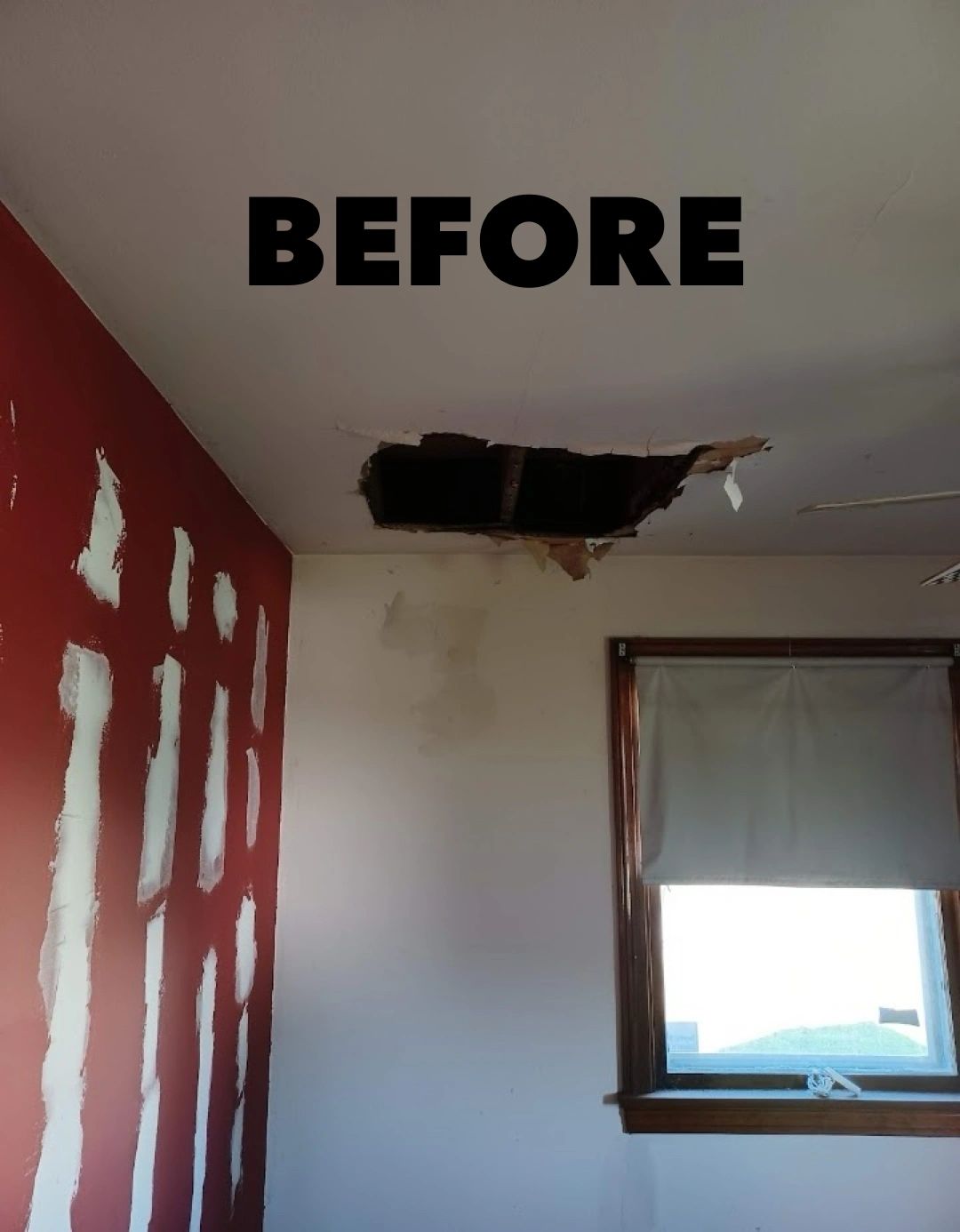 Ceiling before drywall repair — damaged with hole